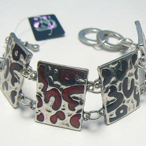 Metal Acrylic Rectangle Red Silver Toned Bracelet Toggle Clasp Matching Earrings